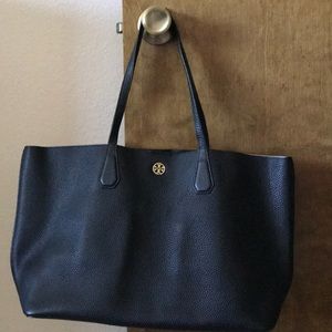 Large Tory Burch black pebbled leather tote.
